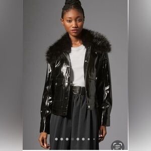 Anthropologie Maeve Black Faux Leather Furry Removable Collar Jacket Size XXS